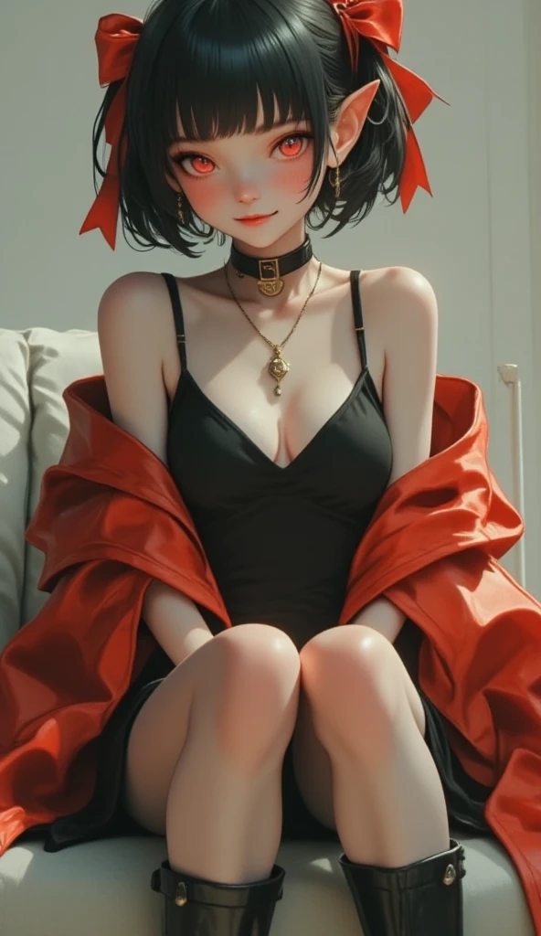 Super realistic illustration, Cinema 4D rendering, 1 girl, solo, detail face, fine skin, detail eyes, beautiful eyes, full body, sitting on a sofa, (vampire fang), smile, black hair, blunt bangs, short ponytail with big red ribbons, red eyes with snake pupils, pointy ears, black sundress with red cloak, high leather boots, simple background