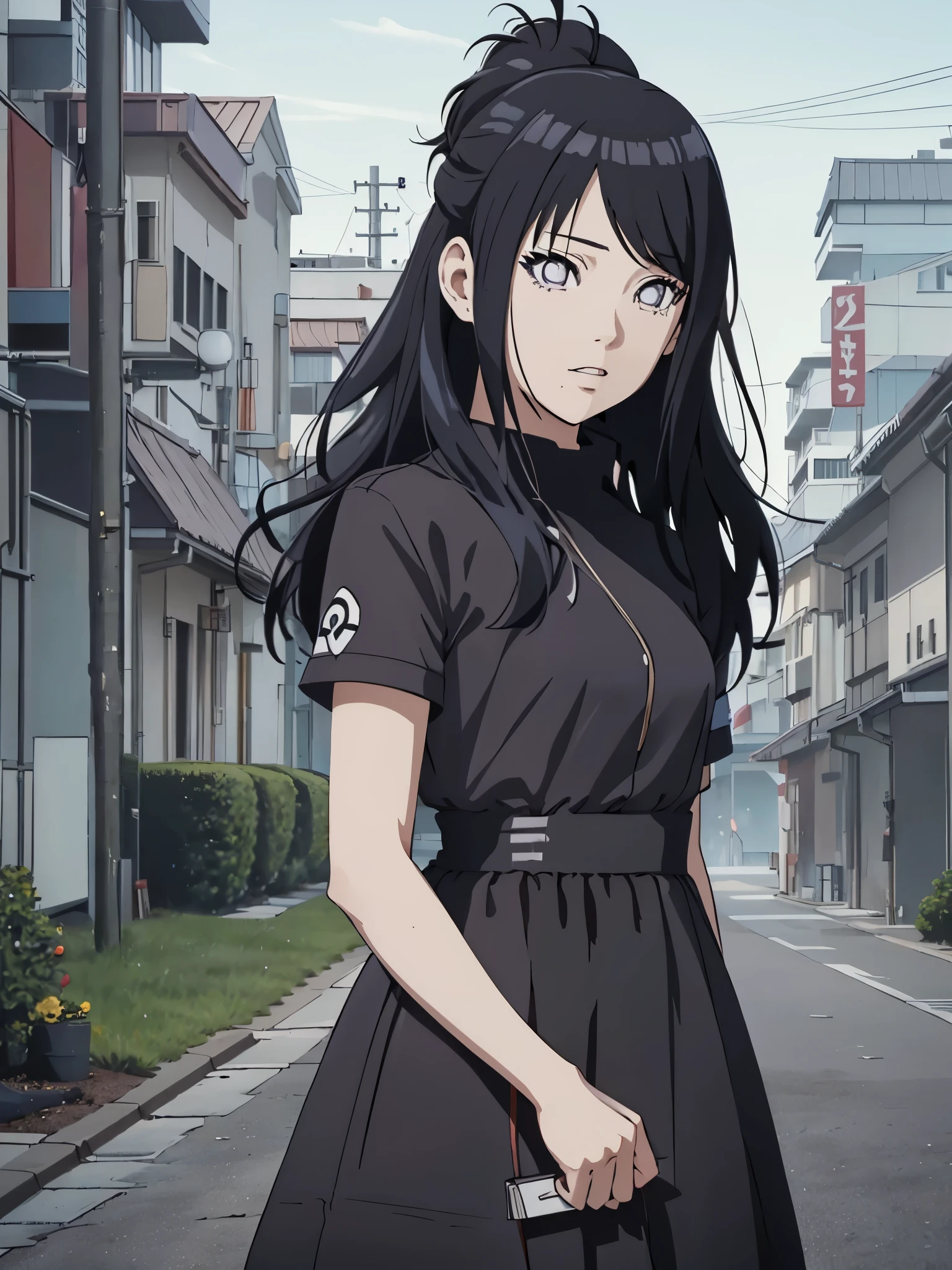 an hiperealistic shot of hinata(shippuden), ((hiori kazano)), idolmaster, Detailed eyes, long hair, ponytail, half updo, hair ornament,, (sweet woman), manwha style, 1girl, wearing a black colour  frock, stylish dress, at night , black colour hair, 8k, high detailed, high quality, full body