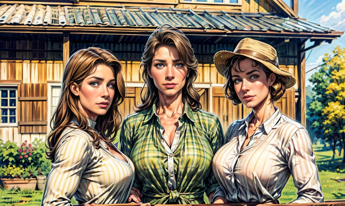 a close-up of 3 gorgeous uniquely different Caucasian farming sisters. a handsome stern muscular middle-aged man standing in the background. all are dressed for the farm and standing on the porch of a beautiful white heritage farmhouse in the mid-west on a sunny afternoon, looking at you.