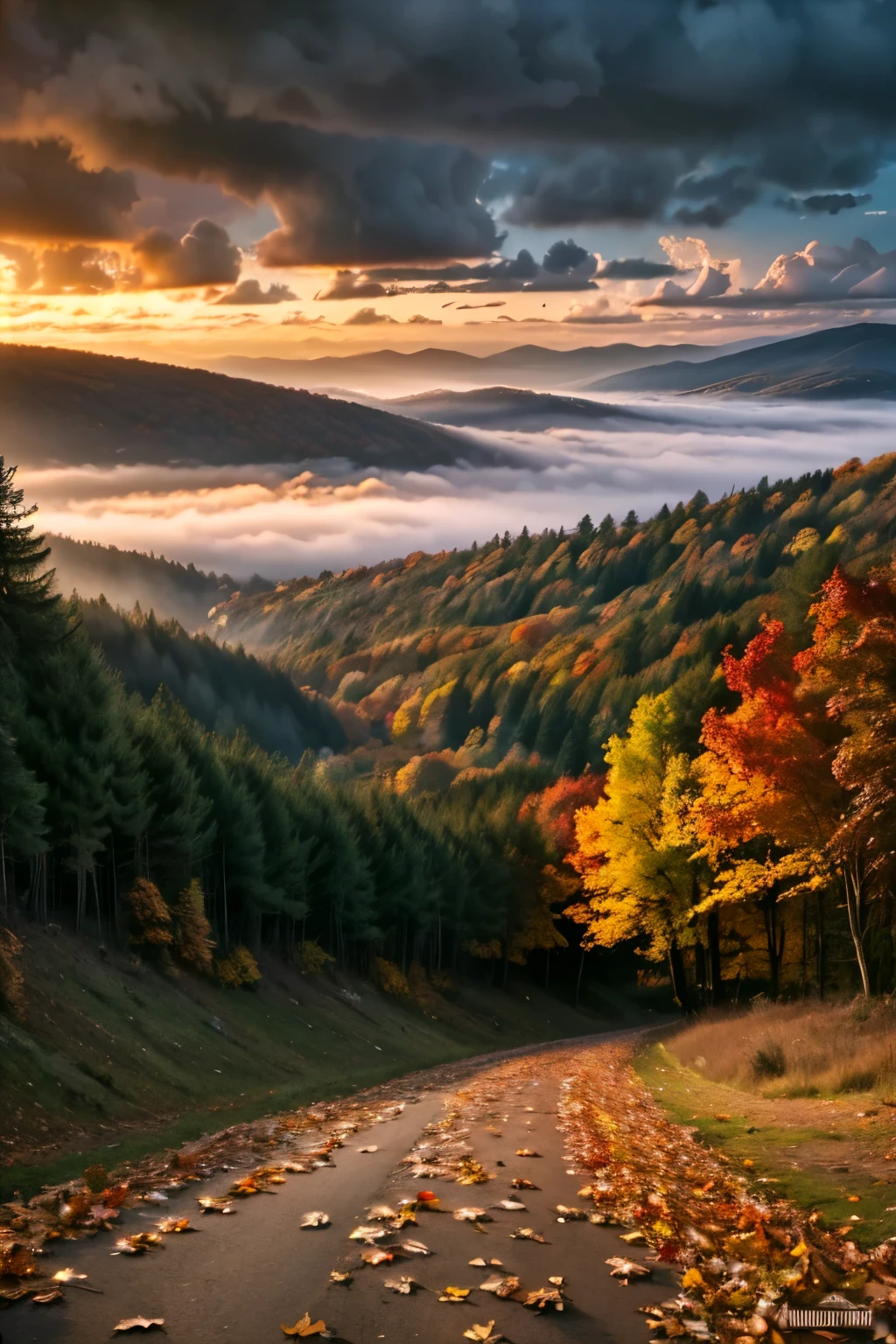 cloudy sky at autumn sunset in city, fallen leaves, forest landscape, fog, twilight, dramatic lighting, melancholic atmosphere, cinematic, digital art, vivid colors, highly detailed, masterpiec