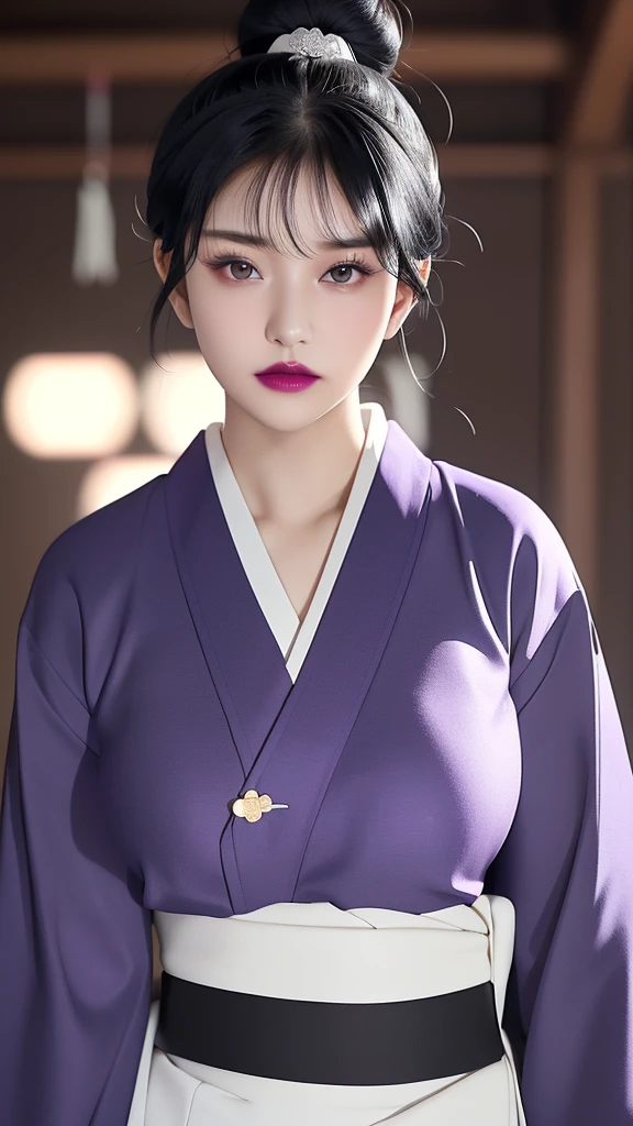 (（（figure，御姐figure,White and tender skin,（（（purple_Kimono,sash, shouji, shrine,japanese_clothes，）））,(（（black hair,Side bangs，Hair bun,lipstick,bangs,Black eyes,））),，((masterpiece)), highres ,((Best quality at best)),masterpiece,quality,Best quality,(（（  to the audience,Light in the eyes）））,Huge breasts,苗条figure,）））