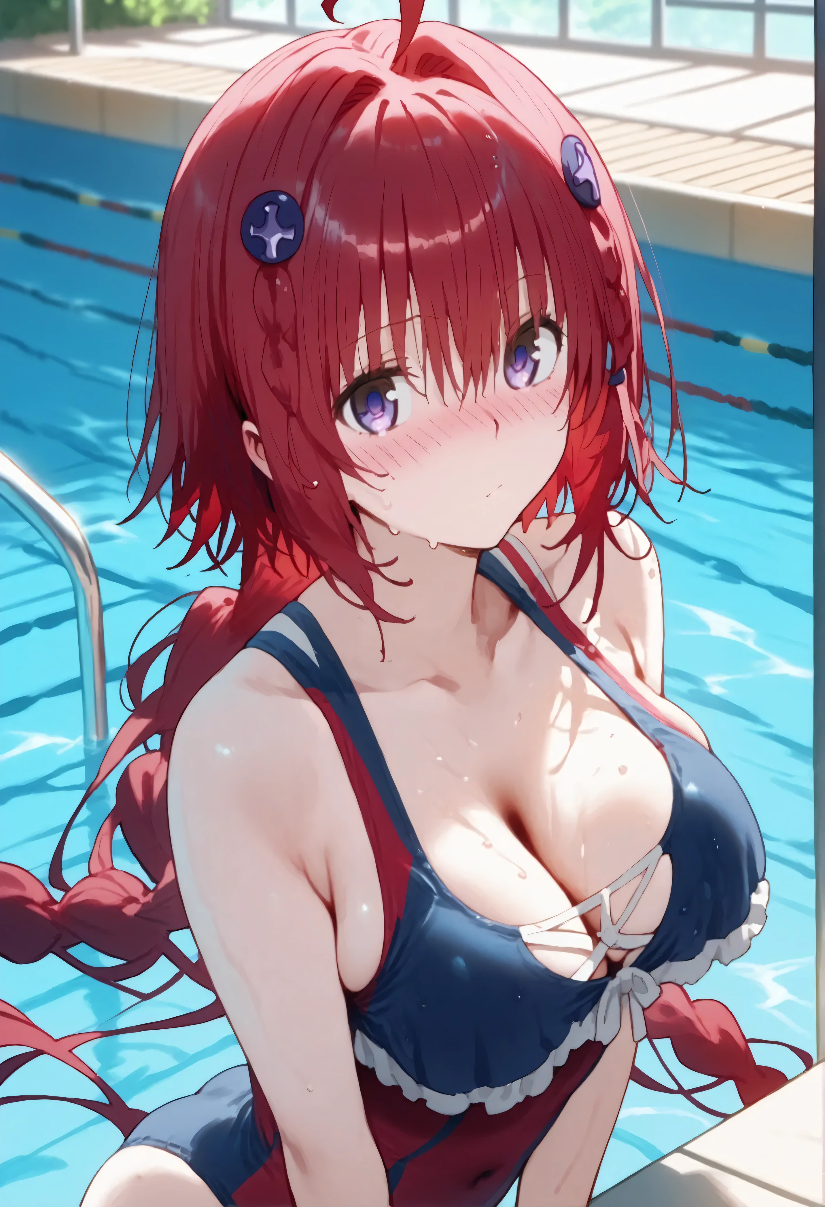 score_9,score_8_up,score_7_up,solo,looking at viewer,blush,Kurosaki Mea,ahoge,very long hair,red hair,hair intakes,hair ornament,braid,hair between eyes,bangs,purple eyes, swimsuit, wet swimsuit, covered navel, pool, blush,bent over,cleavage