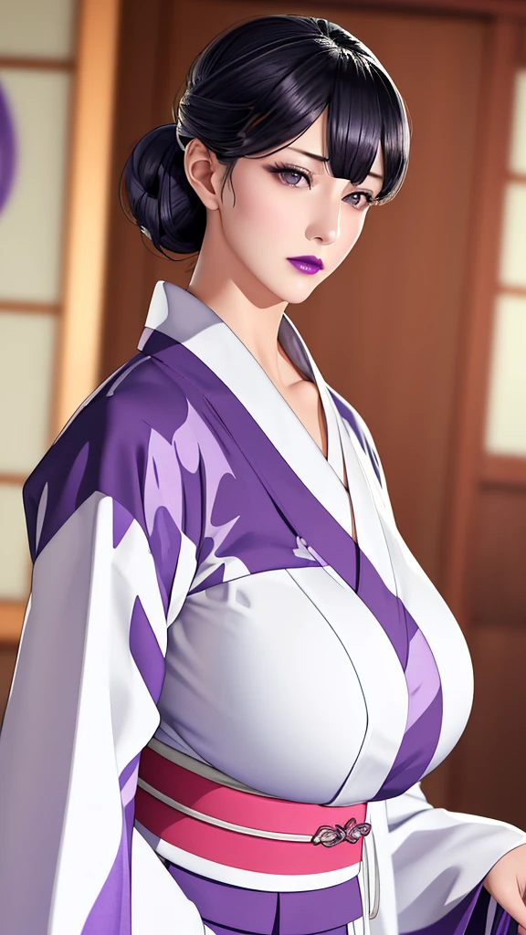 (（（figure，御姐figure,White and tender skin,（（（purple_Kimono,sash, shouji, shrine,japanese_clothes，）））,(（（black hair,Side bangs，Hair bun,lipstick,bangs,Black eyes,））),，((masterpiece)), highres ,((Best quality at best)),masterpiece,quality,Best quality,(（（  to the audience,Light in the eyes）））,Huge breasts,苗条figure,）））