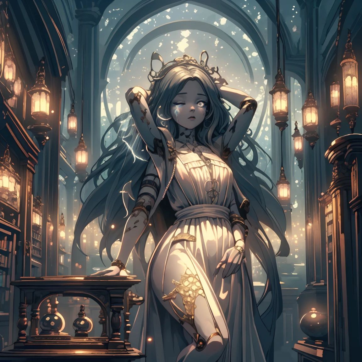 masterpiece, best quality, (extremely detailed CG 8k wallpaper), (best quality), (best illustration), (best shadow), Beautyfull woman, magic library, two arms, white dress, long hair, runik, magic, two hands