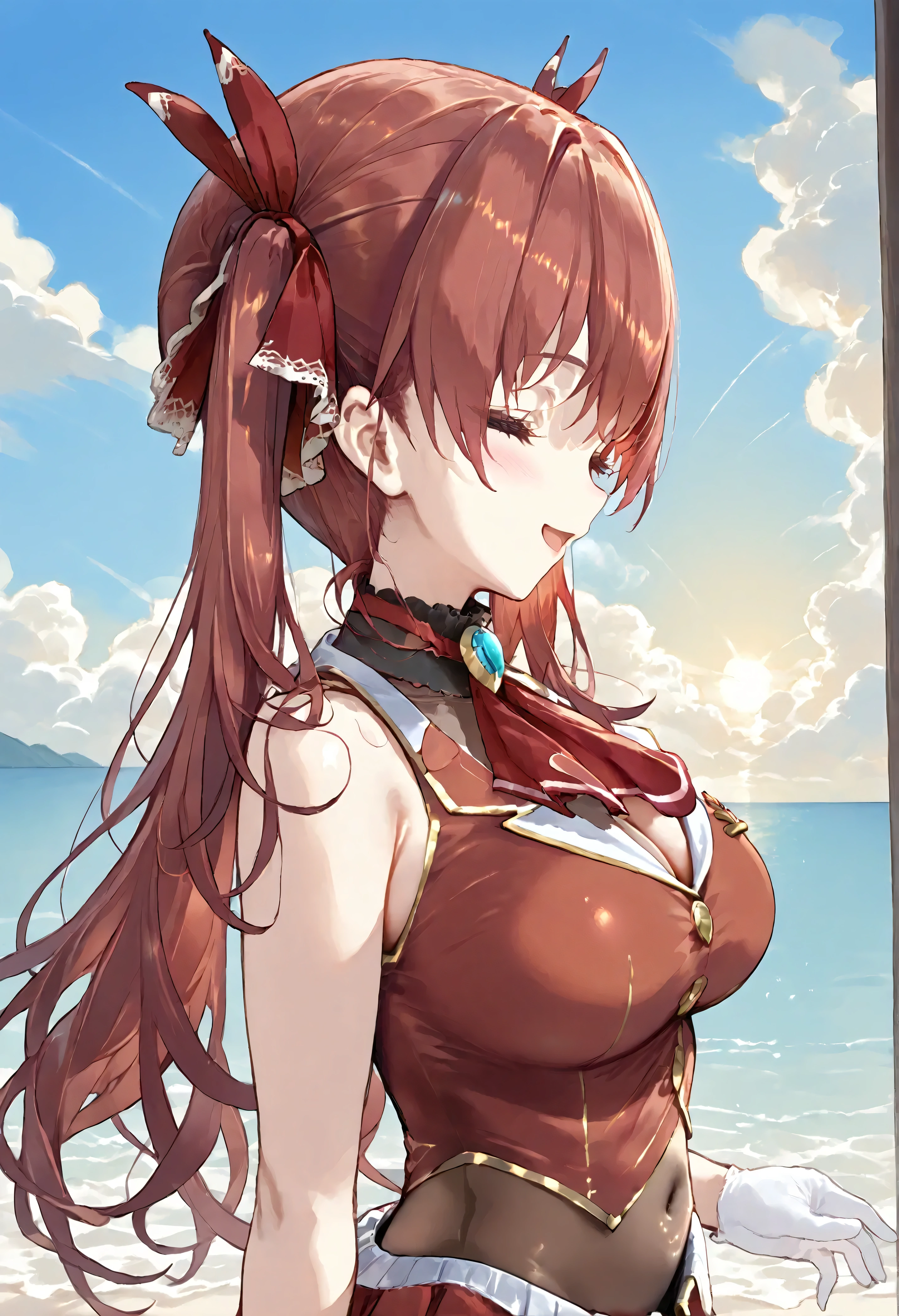 score_9,score_8_up,score_7_up,source_anime,high res image,shiny hair,ultra detailed eyes,1girl,marine_nml,breasts,solo,twintails,red hair,closed eyes,long hair,see-through cleavage,cleavage,see-through,looking at viewer,covered navel,ribbon,red dress,see-through leotard,pleated skirt,hair ribbon,ascot,large breasts,blush,sleeveless,red ascot,red ribbon,brooch,leotard,leotard under clothes,jewelry,open mouth,buttons,large breasts,arrow through heart,choker,white glove,in summer,sky,sea,on the beach,cumulonimbus,in the ocean,against backlight at dusk,from side,smile,arms up,