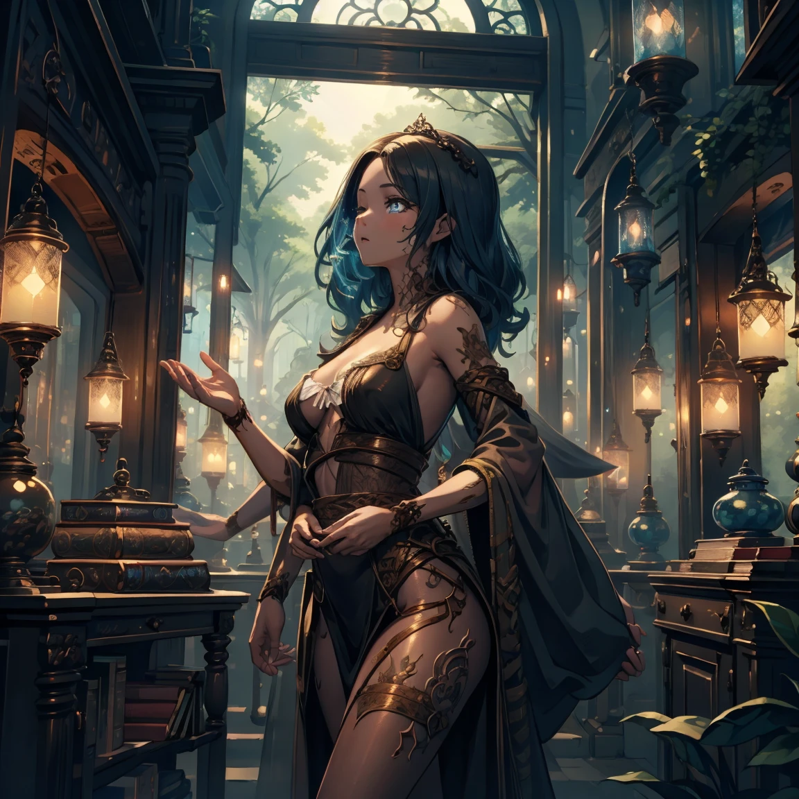 masterpiece, best quality, (extremely detailed CG 8k wallpaper), (best quality), (best illustration), (best shadow), Beautyfull woman, magic library, 