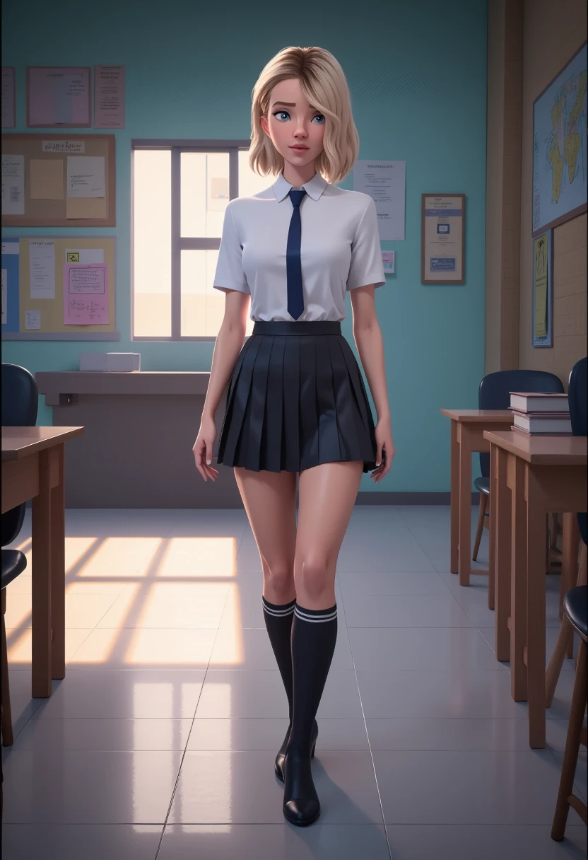 realistic, realism, photorealism, photo-realistic, high contrast, (photorealistic:1.4), (perfect female figure), 8k high definition detailed realistic, NSFW, (best quality, masterpiece:1.2),  photon mapping, radiosity, physically-based rendering, best quality, highly detailed, 1girl, sgwen, indoor, school, school uniforms, skirt