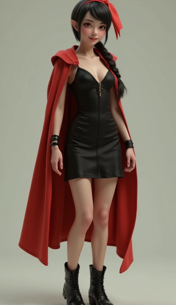 Super realistic illustration, Cinema 4D rendering, 1 girl, solo, detail face, fine skin, detail eyes, beautiful eyes, full body, standing, (vampire fang), smile, black hair, blunt bangs, short ponytail with big red ribbons, red eyes with snake pupils, pointy ears, black sundress with red cloak, high leather boots, simple background