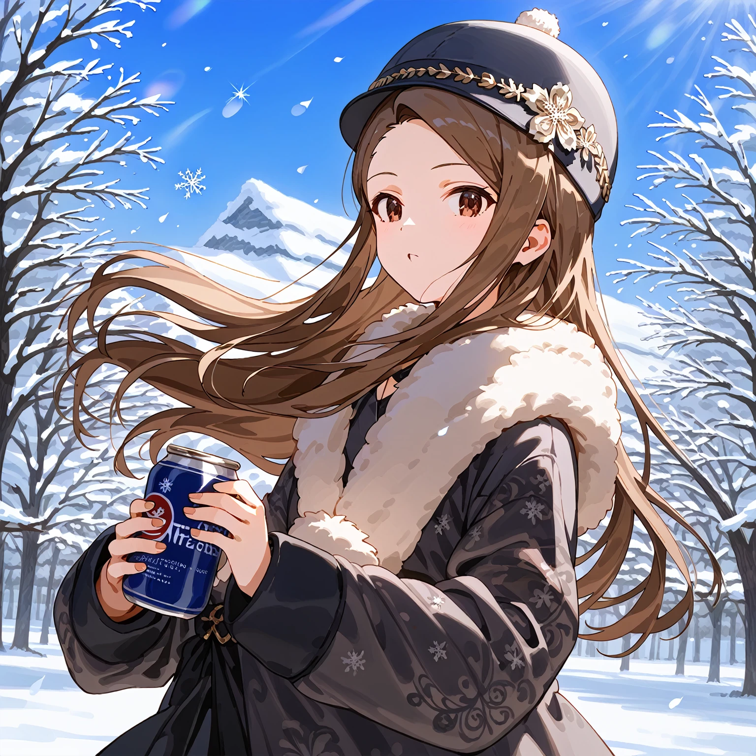  score_9,  score_8_up,  score_7_up, sauce_Anime,masterpiece, Best Quality, expensive_resolution,8k,  Perfect Features ,  intricate detail, ray tracing ,
 1 girl,Munshior,  smaller, Long-haired, Brown Hair, amount,   Brown Eyes ,  headband, Small breasts,
BREAK Can Hat , Intricate floral pattern, bright color,  Traditional Russian Fashion ,  Wear a Shawl Over Your Shoulder ,
 Traditional Russian Fur Hat with Earflaps, 
,Snowflakes, wind, evaluation: sensitive , from behind,
masterpiece, Best Quality,  very aesthetic,  expensively detailed,  Perfect Features , ray tracing ,