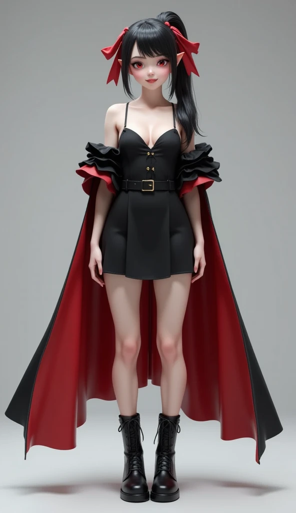 Super realistic illustration, Cinema 4D rendering, 1 girl, solo, detail face, fine skin, detail eyes, beautiful eyes, full body, standing, (vampire fang), smile, black hair, blunt bangs, short ponytail with big red ribbons, red eyes with snake pupils, pointy ears, black sundress with red cloak, high leather boots, simple background