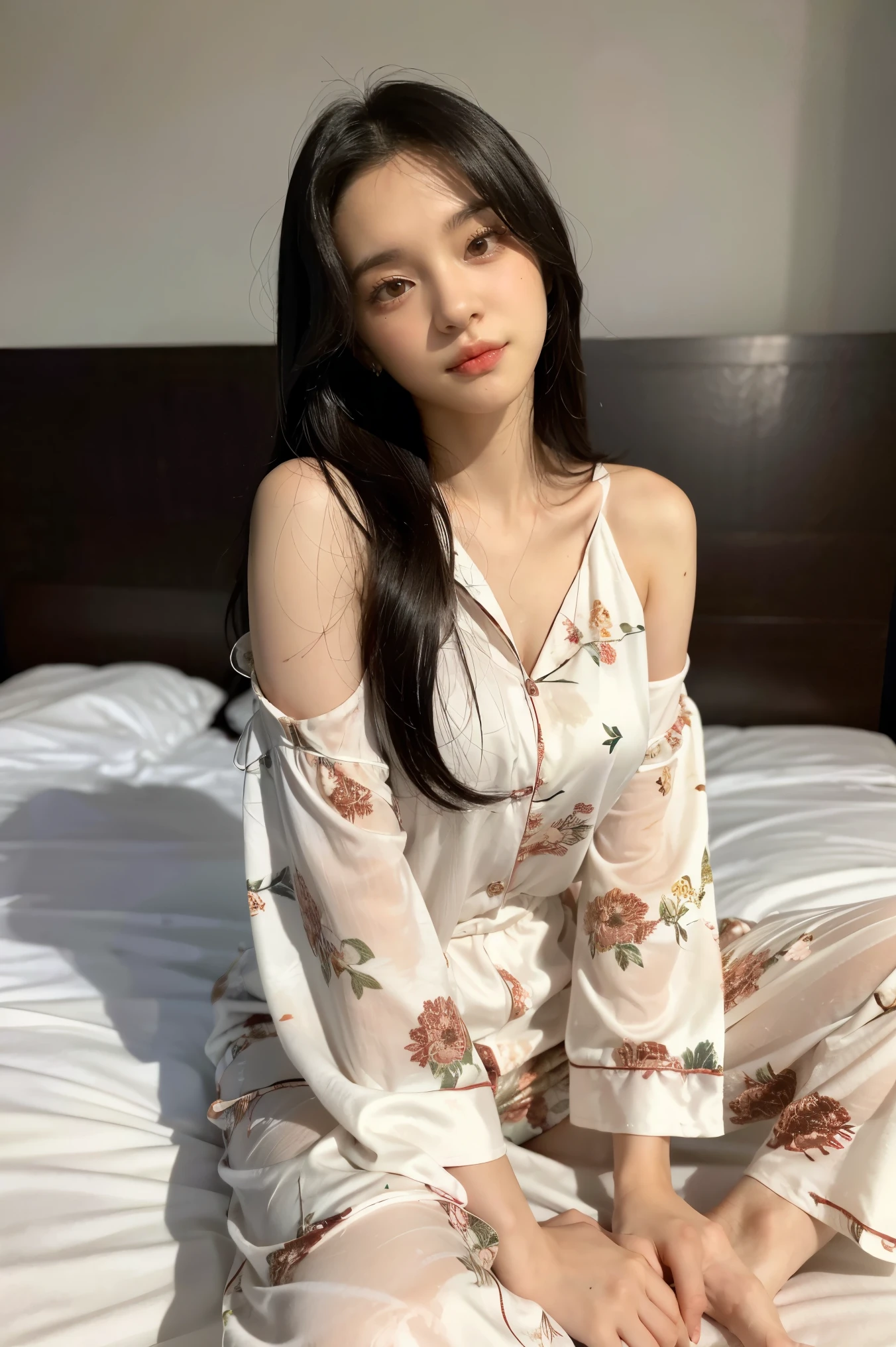 Sleeping, closed eyes, lying, ribbon hair pin, hair bang, tits exposed, messed Off shoulder simple dress with flower printed, in bed, sexy pose, low light, side view