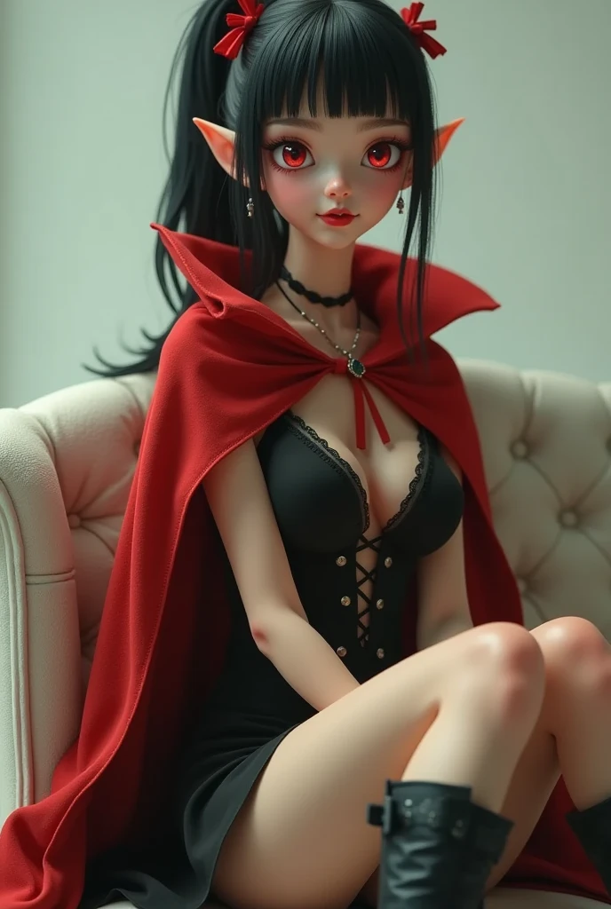 Super realistic illustration, Cinema 4D rendering, 1 vampire girl, solo, detail face, fine skin, detail eyes, beautiful eyes, full body, sitting on a sofa, (vampire fang), smile, black hair, blunt bangs, short ponytail with red ribbons, red eyes, beautiful eyes, (snake pupils), pointy ears, black sundress with red cloak, high leather boots, simple background