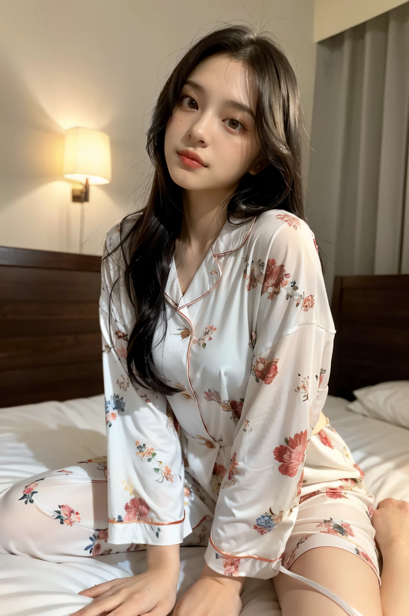 There is a woman sitting on a bed wearing white floral pajamas, a beautiful dark-haired woman, with attractive features, beautiful woman, posing in bed, posing in a room