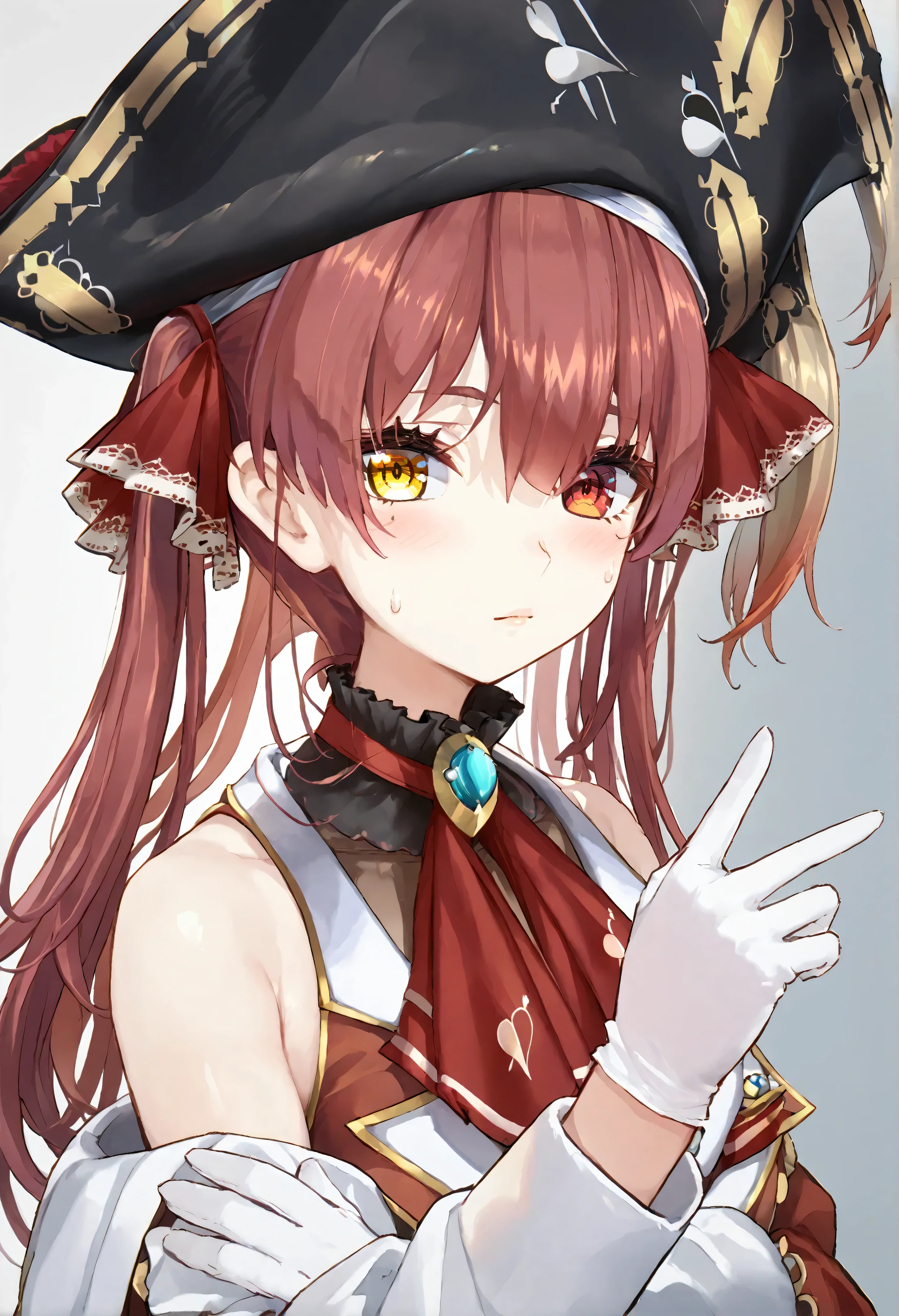 score_9,score_8_up,score_7_up,source_anime,high res image,shiny hair,ultra detailed eyes,houshou_marine,marine_nml,1girl,red hair,twintails,hat,pirate hat,solo,heterochromia,gloves,yellow eyes,red eyes,white gloves,white background,looking at viewer,blush,red ribbon,bicorne,sweatdrop,ribbon,portrait