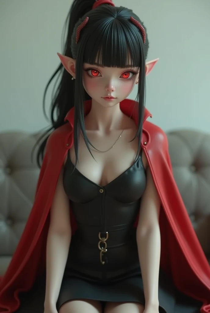 Super realistic illustration, Cinema 4D rendering, 1 vampire girl, solo, detail face, fine skin, detail eyes, beautiful eyes, full body, sitting on a sofa, (vampire fang), smile, black hair, blunt bangs, short ponytail with red ribbons, red eyes, beautiful eyes, (snake pupils), pointy ears, black sundress with red cloak, high leather boots, close up shot of face, simple background