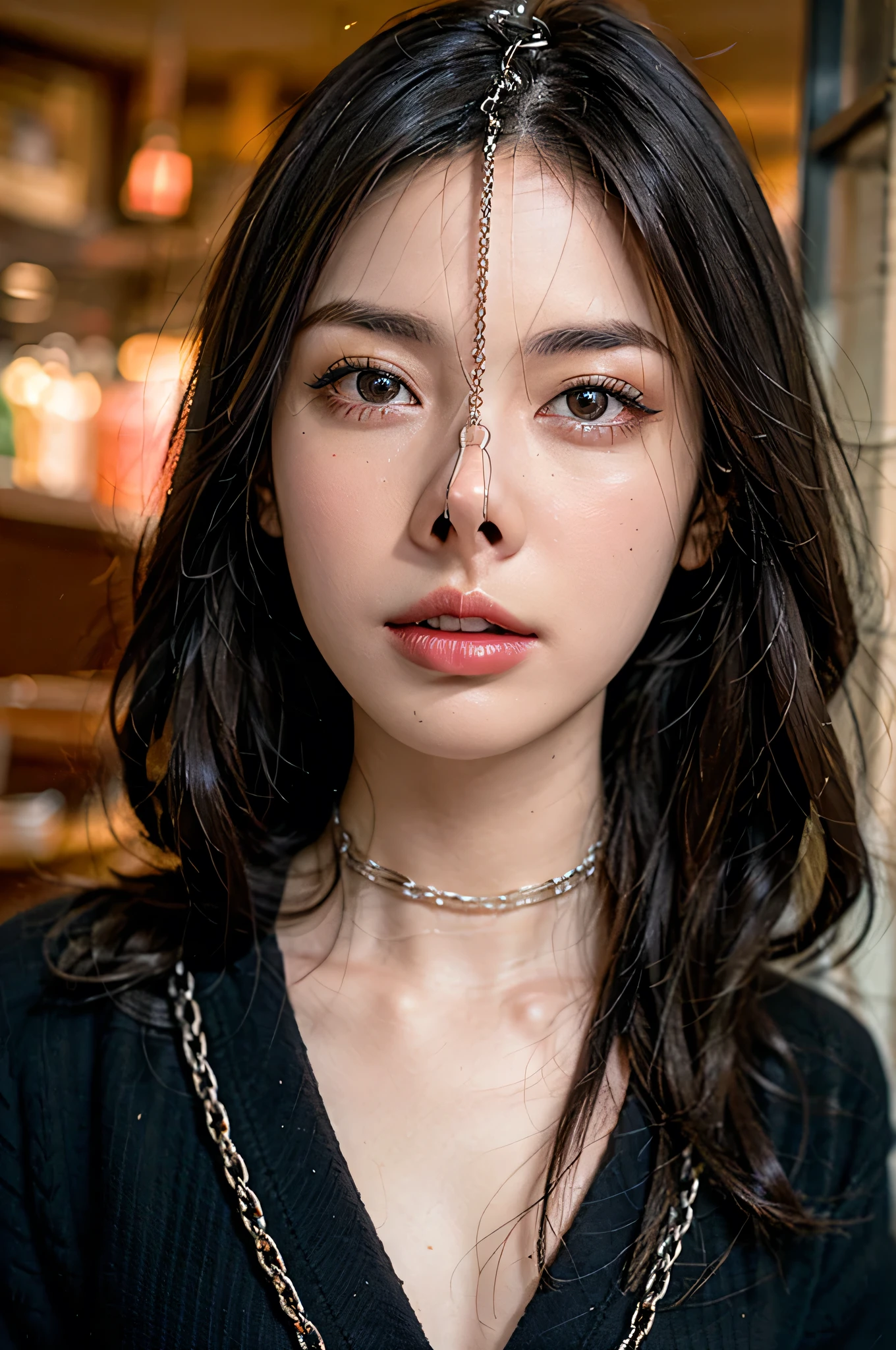 (nsfw:-2), (realistic, photo-realistic :1.4), (Highest quality, masterpiece:1.2), RAW photo, high resolution, intricate details, extremely detailed, realistic and sharp details, portrait, (frontal photography:1.2 ), solo, a Japanese beautiful idol, pretty woman, dark hair, (short bob hair), detailed face, detailed eyes, beautiful pupils, sophisticated nose, pale skin, fine-textured skin, (nose hook, chain strap), (choker with jewelry), nude, full body