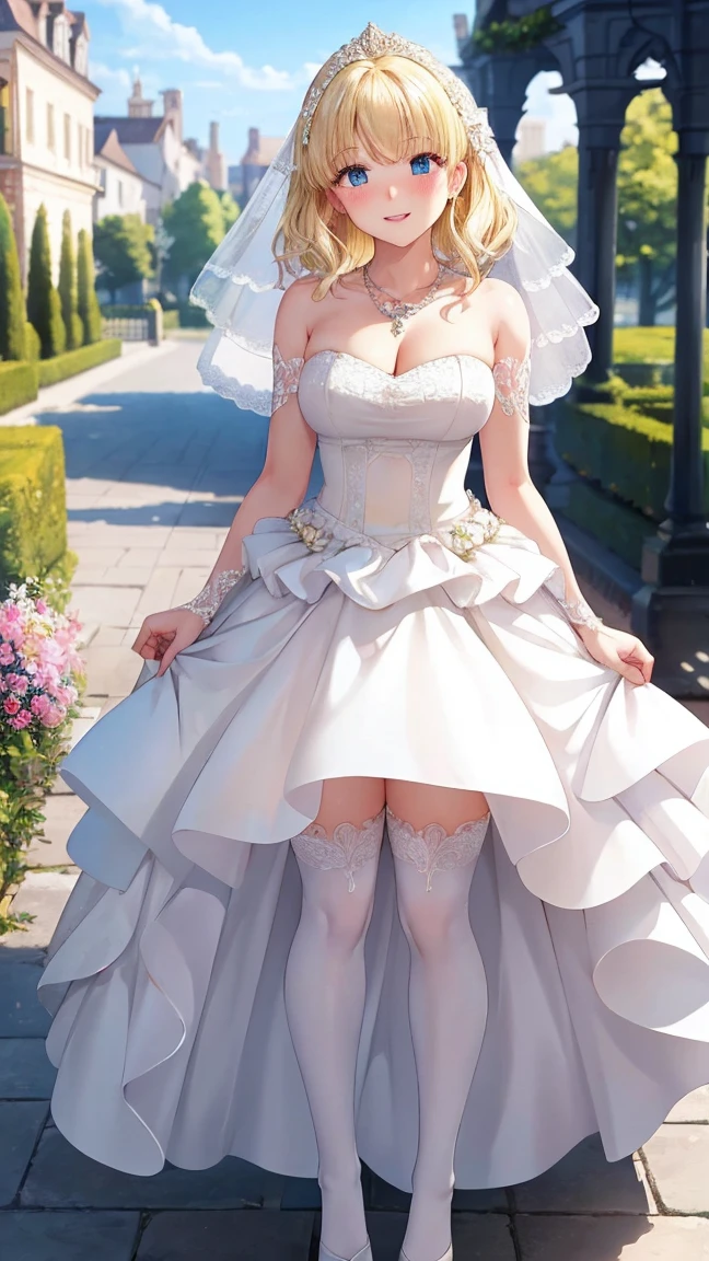 ultra detailed, sharp focus, best quality, masterpiece, colorful, mariacampbell, 1girl, blonde hair, full body shot, blush, intricate details, glossy lips, standing, layered wedding dress, garden, city, necklace, skirt parted in front, white thigh highs, light smile