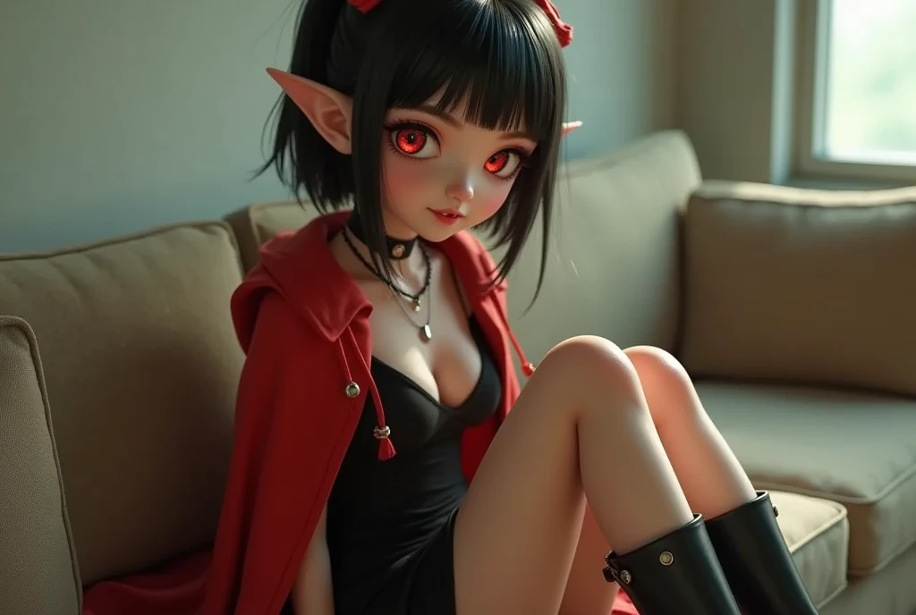 Super realistic illustration, Cinema 4D rendering, 1 girl, solo, detail face, fine skin, detail eyes, beautiful eyes, full body, sitting on a sofa, (vampire fang), smile, black hair, blunt bangs, short ponytail with red ribbons, red eyes, beautiful eyes, (snake pupils), pointy ears, black sundress with red cloak, high leather boots, from above, simple background