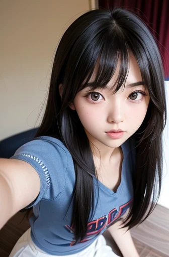 Best Quality,masterpiece,Very detailed、High resolution, Very detailed, Best Quality photos,Teen,age 15,High school girl,Idol,beautiful girl, Long Hair, straight, With bangs, Black Hair,Detailed eyes, Big Eyes,cute, cute,  cute Japanese woman staring at I、Very delicate and beautiful face,Hotel Rooms,Lie down in bed, Perfect dynamic composition,Simple wall background,　Fair-skinned girl, kind,Junior high school students,Kneel on the floor,Big Same, Pussy, Pussy, Nipples, I can see your panties,Slender thighs seen from the front, 18 years old, Data,Adorable , 美しいJunior high school students, Big Eyes, 美しいHigh school girl, Selfie, Personal photo shoot,Angle of Selfie,Women&#39;s Room,indoor , Nipples, High school girl（Hmmmm）,She smiles happily at me, Natural Hair