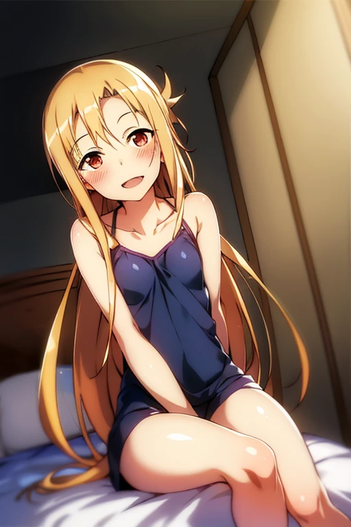 ((Best Quality)), ((masterpiece)), (be familiar with),  perfect face, indoor, bedroom,  watching viewers,
One woman, Yuuki Asuna,
 characters with open mouth ,  ecstatic expression , blush, smile,
Small breasts,  flat chest, , ,  kids, Girl,
Long Hair,  long hair ,
Leg spread,