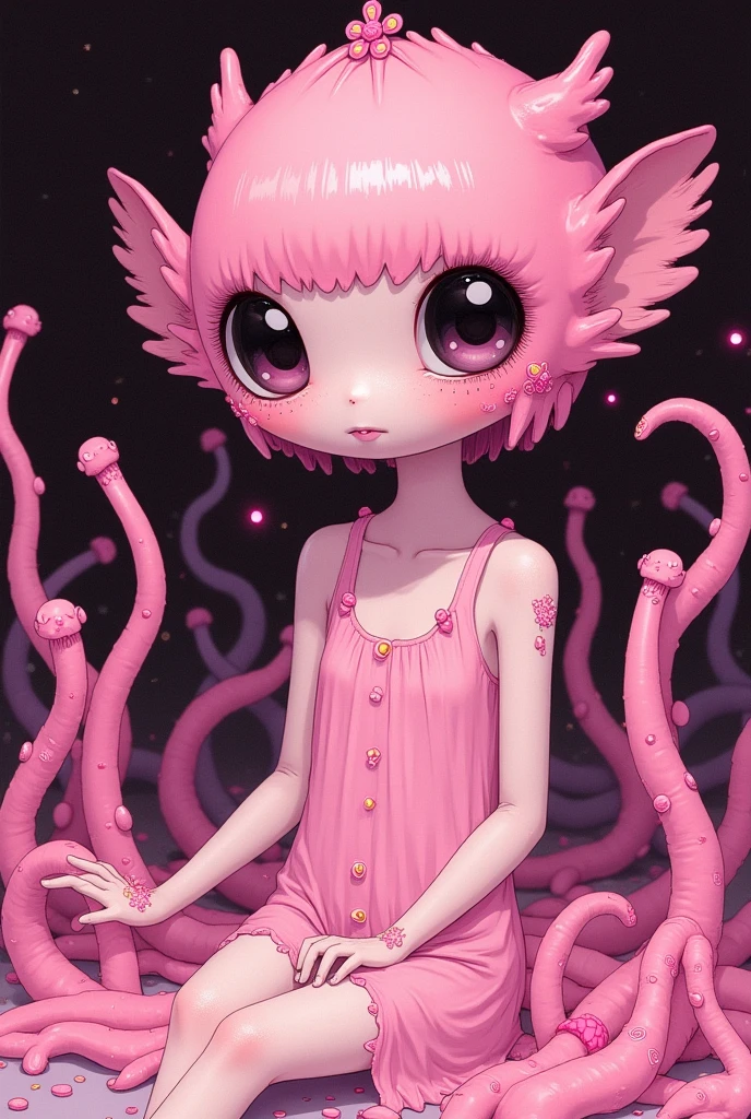 cute pink woman. Cute big eyes! sticky tentacles, high detail, perfect composition, digital painting, artstation, concept art, smooth, sharp focus, illustration, Carn Griffiths, Pixar, Victo Ngai, Jean Baptiste Monge, dramatic lighting
