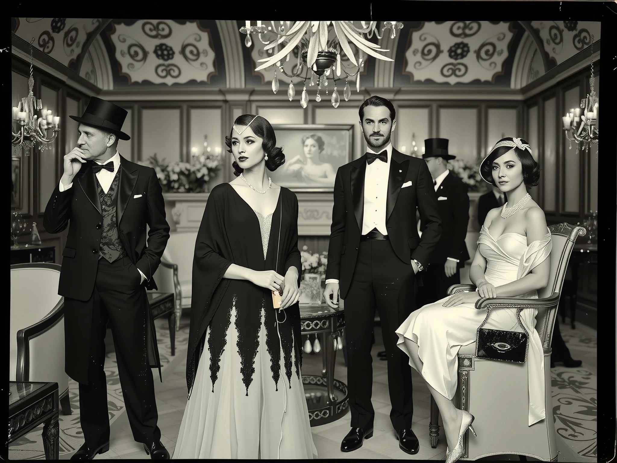 image type: RAW photo, monochrome, low quality, film grain
setting: fancy  in a luxurious mansion
time period: 1920s
style: art deco
subjects: men and women dressed to the nines in 1920s attire with 1920s hairstyles, (photo ruined, scratched and torn by time)