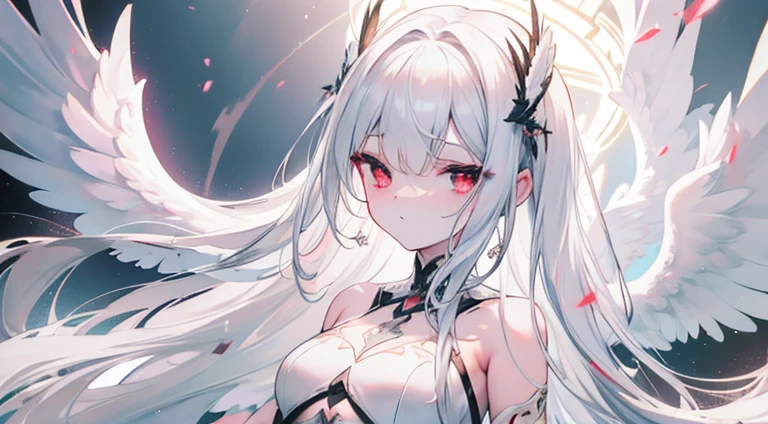 a beautiful long-haired angel with silver hair, red pupils, and small breasts, wearing a white silk dress, six wings, looking directly at the viewer, best quality, 8k, ultra-detailed, masterpiece, photorealistic, vivid colors, intricate details, dramatic lighting