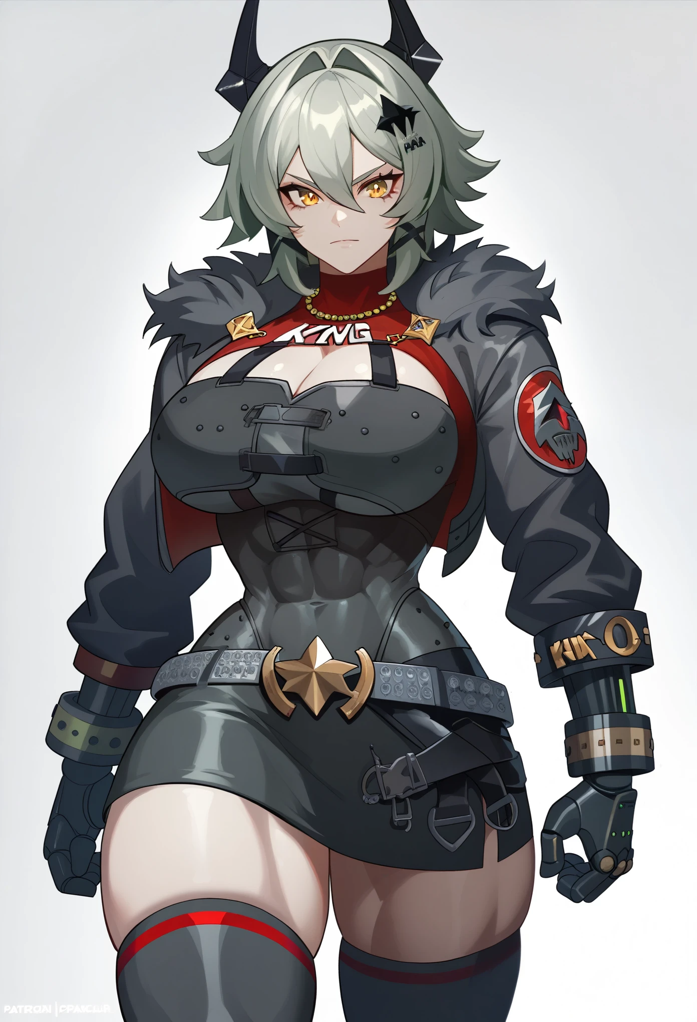 Caesar King, zenless zone zero, green grey hair, big hair, messy hair, hair between eyes, hair intakes, medium hair, amber eyes, black horns, mechanical horns, hair ornament, robotic left arm, large breasts, narrow waist, wide hips,
belt, thighhighs, fur trim, black gloves, black jacket, skirt, black dress, red turtleneck, cleavage, breast armor, KING word necklace,extremely muscular woman, flawless perfectly trained body, zero body fat, mighty and hypermuscular professional female bodybuilder, dominant woman, great muscle definition, 