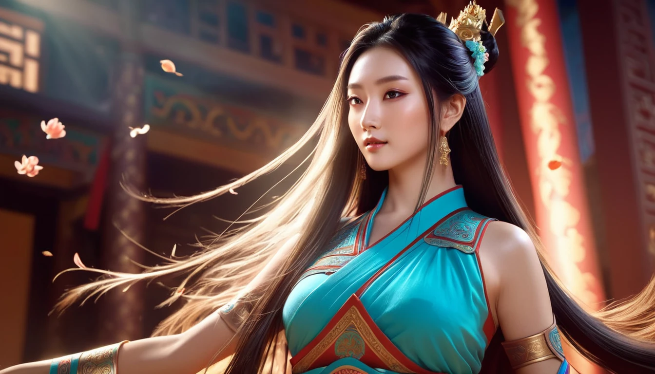 a beautiful detailed girl, dynamic angle, world class theater, messy long hair, extremely detailed CG Unity 8k wallpaper, ink, superb, cinematic lighting, lens flare, dunhuang style