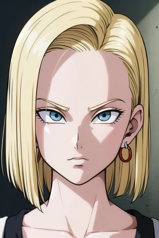 (最 high quality), ( high quality),(masterpiece), (  Details), ( high definition), (  Detailed Face ), ( android 18),  Classic look,  one girl playing pranks, Alone,  short hair,  blue eyes, blonde, clavicle,  hoop earrings, 