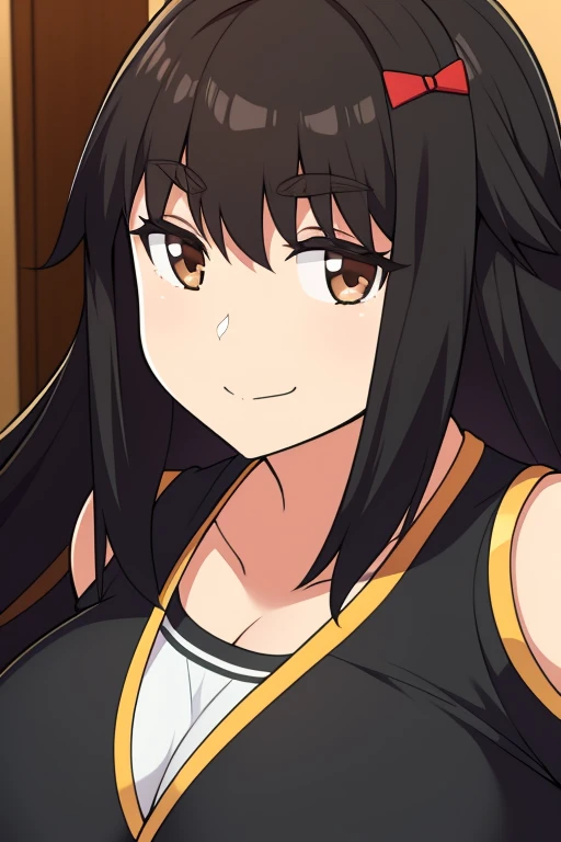 Chubby big breasts black hair brown eyes happy long messy hair smile dereder fate grand order black clothes