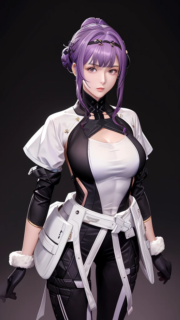 (（（figure，御姐figure,White and tender skin,（（（black gloves,bodysuit，）））,(（（Purple long hair，hair band,low hair bun））),，((masterpiece)), highres ,((Best quality at best)),masterpiece,quality,Best quality,(（（  to the audience,Light in the eyes）））,Medium chest,苗条figure,）））