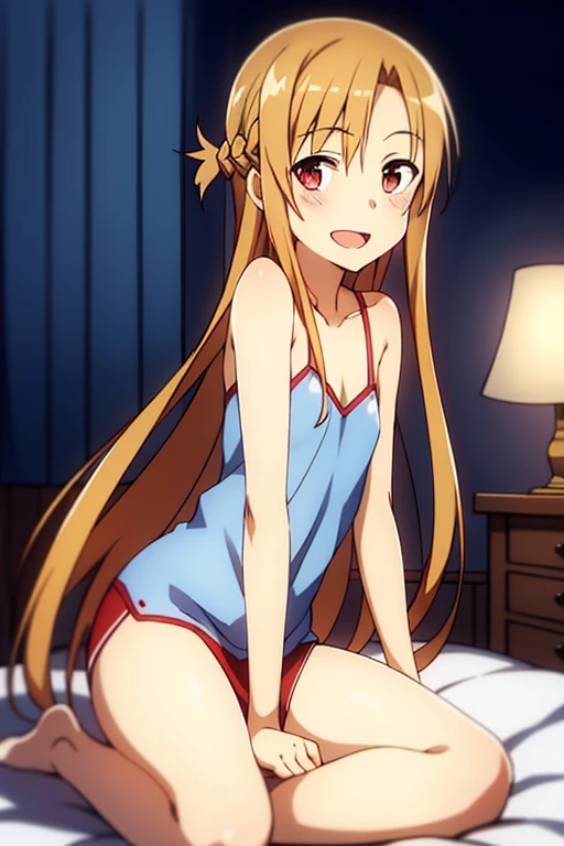 ((Best Quality)), ((masterpiece)), (be familiar with),  perfect face, indoor, bedroom,  watching viewers,
One woman, Yuuki Asuna,
 characters with open mouth ,  ecstatic expression , blush, smile,
Small breasts,  flat chest, , ,  kids, Girl,
Long Hair,  long hair ,
Leg spread,