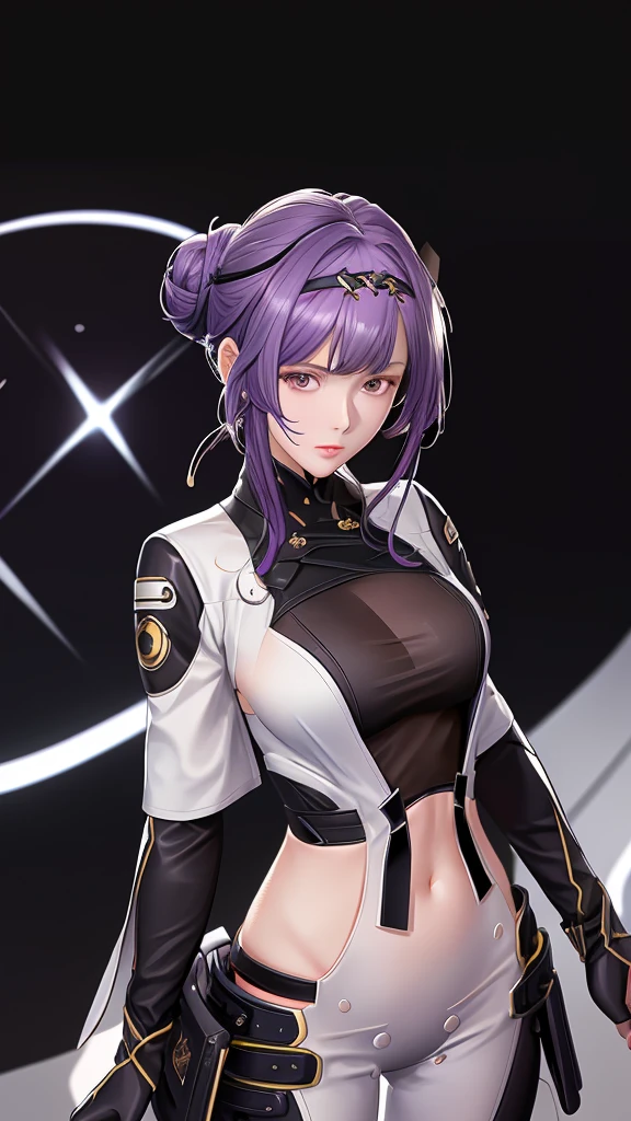 (（（figure，御姐figure,White and tender skin,（（（black gloves,bodysuit，）））,(（（Purple long hair，hair band,low hair bun））),，((masterpiece)), highres ,((Best quality at best)),masterpiece,quality,Best quality,(（（  to the audience,Light in the eyes）））,Medium chest,苗条figure,）））