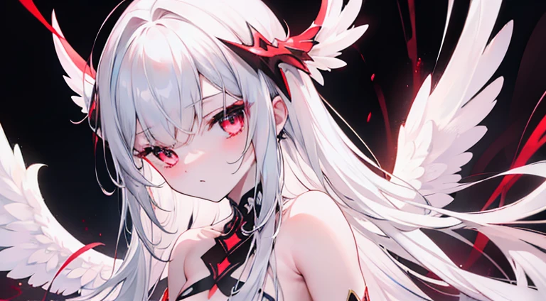  A beautiful long-haired angel， with silver hair , Red pupil, Small Breasts, Six Wings , Look directly at the audience,  best quality, 8K,  super detailed,  Vivid colors all over the body ,  Single, Red string，Holiness