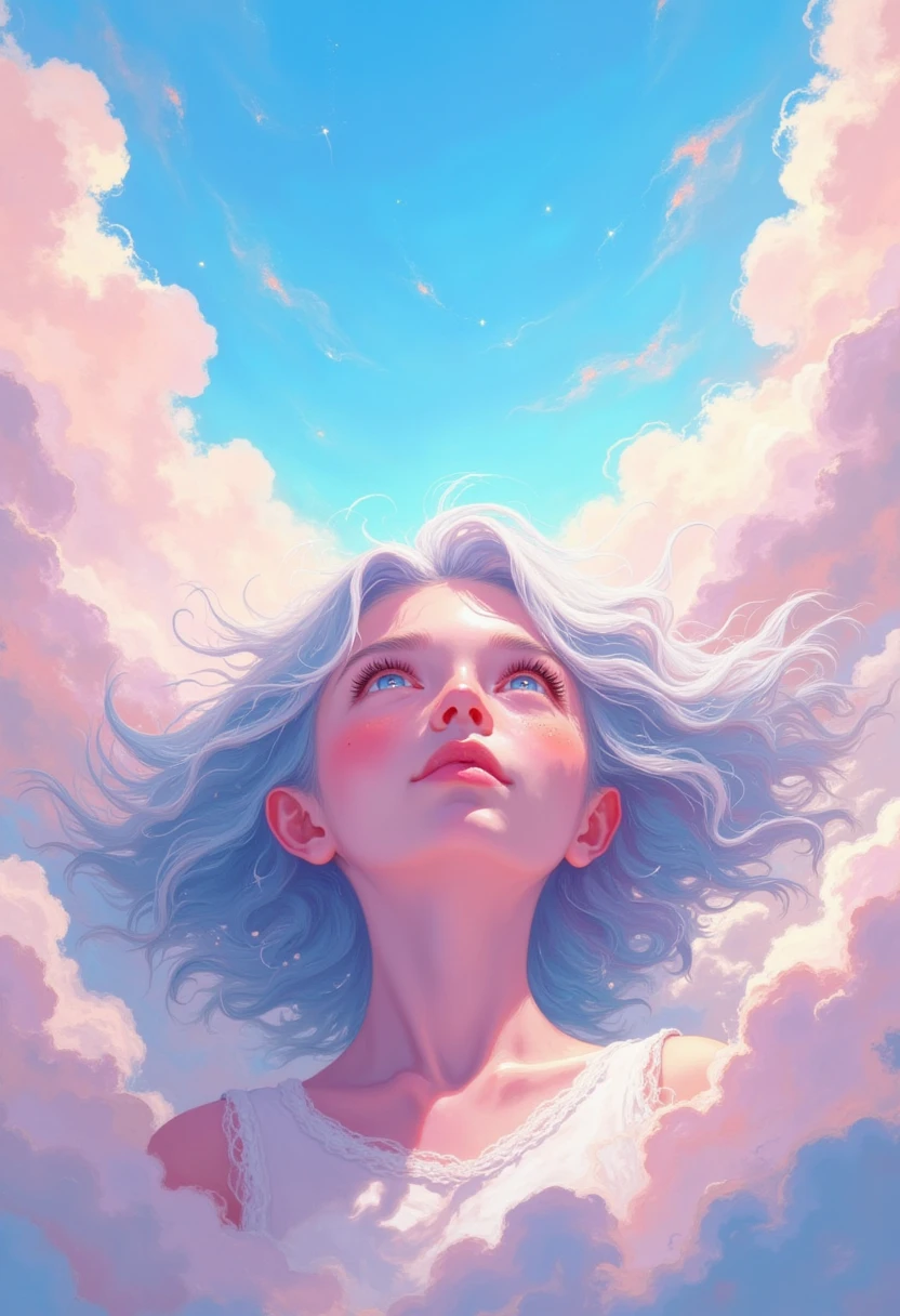 a lone figure looking up at the vast airy sky,beautiful detailed eyes,beautiful detailed lips,extremely detailed eyes and face,longeyelashes,gradient colorful background,soft pastel clouds,twinkling waves,dreamy atmosphere,dreamy ethereal,DB4RZ style painting,(best quality,4k,8k,highres,masterpiece:1.2),ultra-detailed,(realistic,photorealistic,photo-realistic:1.37),HDR,UHD,studio lighting,ultra-fine painting,sharp focus,physically-based rendering,extreme detail description,professional,vivid colors