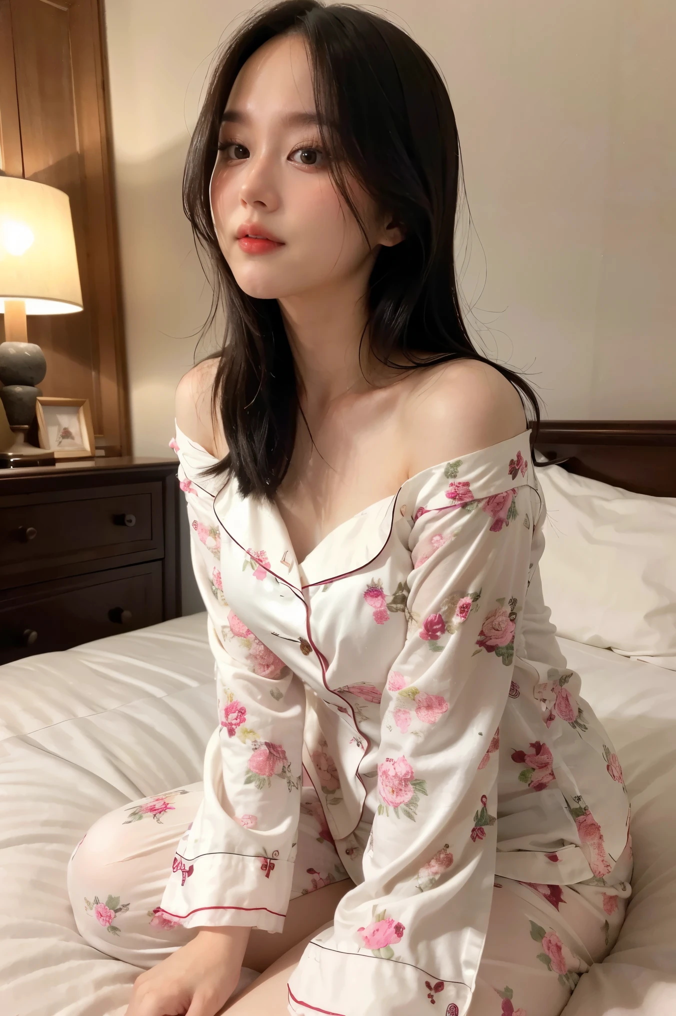 There is a woman sitting on a bed wearing white floral pajamas, a beautiful dark-haired woman, with attractive features, beautiful woman, posing in bed, posing in a room