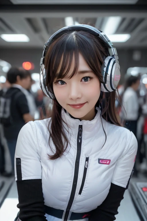 Highest image quality, excellent details, Ultra-high resolution, (fidelity: 1.4), The best illustrations, favor details, Highly condensed 1girl, with a delicate and beautiful face, Dressed in red and white mecha, Wearing a mecha helmet, holding a directional controller, riding on motorcycle, Small face、the background is a high-tech lighting scene of the futuristic city.