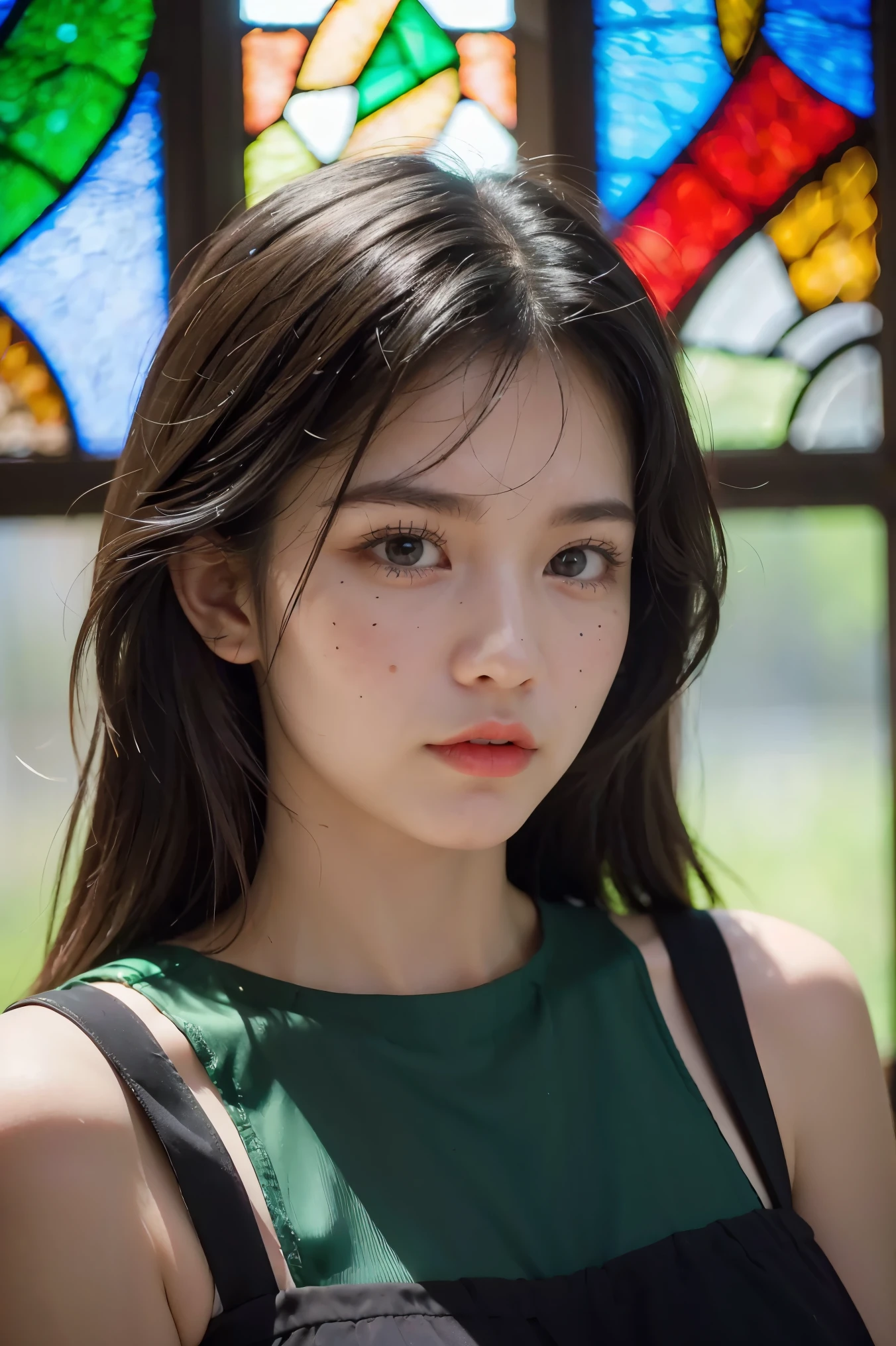 1woman, green top, dark brown hair, stained glass, brilliant colors, masterpiece, best quality, detailed eyes, detailed lips, detailed clothes, (black eyes: 1.2), very realistic face,