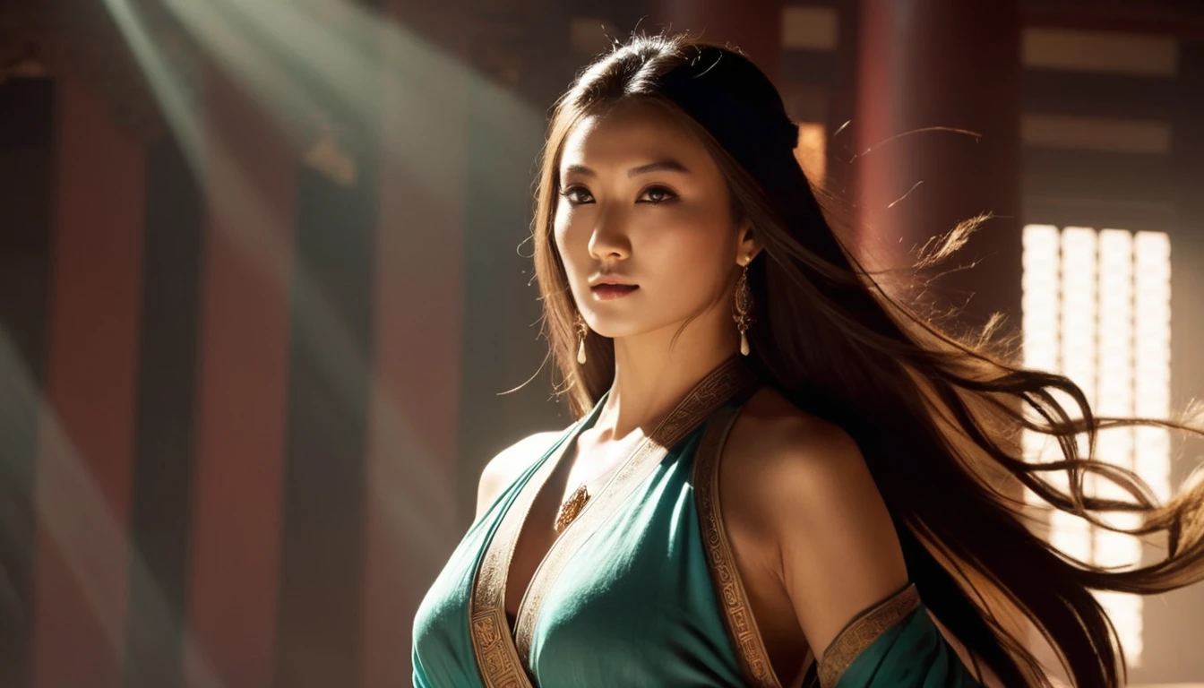 a beautiful detailed girl, dynamic angle, world class theater, messy long hair, extremely detailed CG Unity 8k wallpaper, ink, superb, cinematic lighting, lens flare, dunhuang style