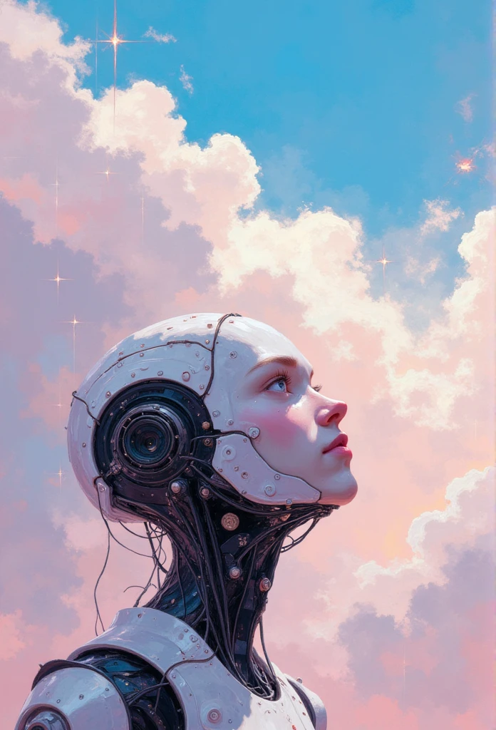 a lone bot sa looking up at the vast airy sky,beautiful detailed eyes,beautiful detailed lips,extremely detailed eyes and face,longeyelashes,gradient colorful background,soft pastel clouds,twinkling waves,dreamy atmosphere,dreamy ethereal,DB4RZ style painting,(best quality,4k,8k,highres,masterpiece:1.2),ultra-detailed,(realistic,photorealistic,photo-realistic:1.37),HDR,UHD,studio lighting,ultra-fine painting,sharp focus,physically-based rendering,extreme detail description,professional,vivid colors