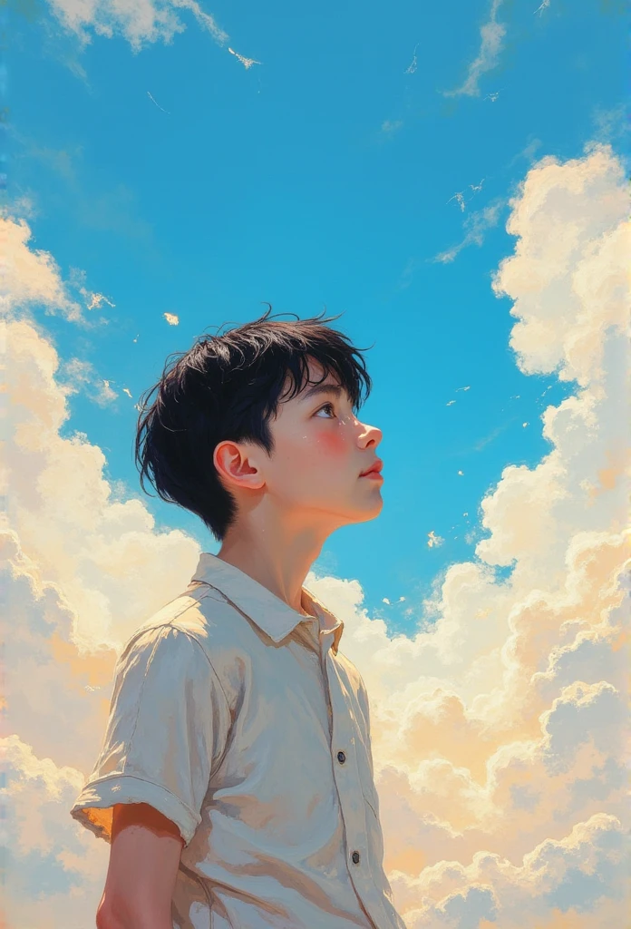 A lone boy sadely  looking up at the vast airy sky,beautiful detailed eyes,beautiful detailed lips,extremely detailed eyes and face,longeyelashes,gradient colorful background,soft pastel clouds,twinkling waves,dreamy atmosphere,dreamy ethereal,DB4RZ style painting,(best quality,4k,8k,highres,masterpiece:1.2),ultra-detailed,(realistic,photorealistic,photo-realistic:1.37),HDR,UHD,studio lighting,ultra-fine painting,sharp focus,physically-based rendering,extreme detail description,professional,vivid colors