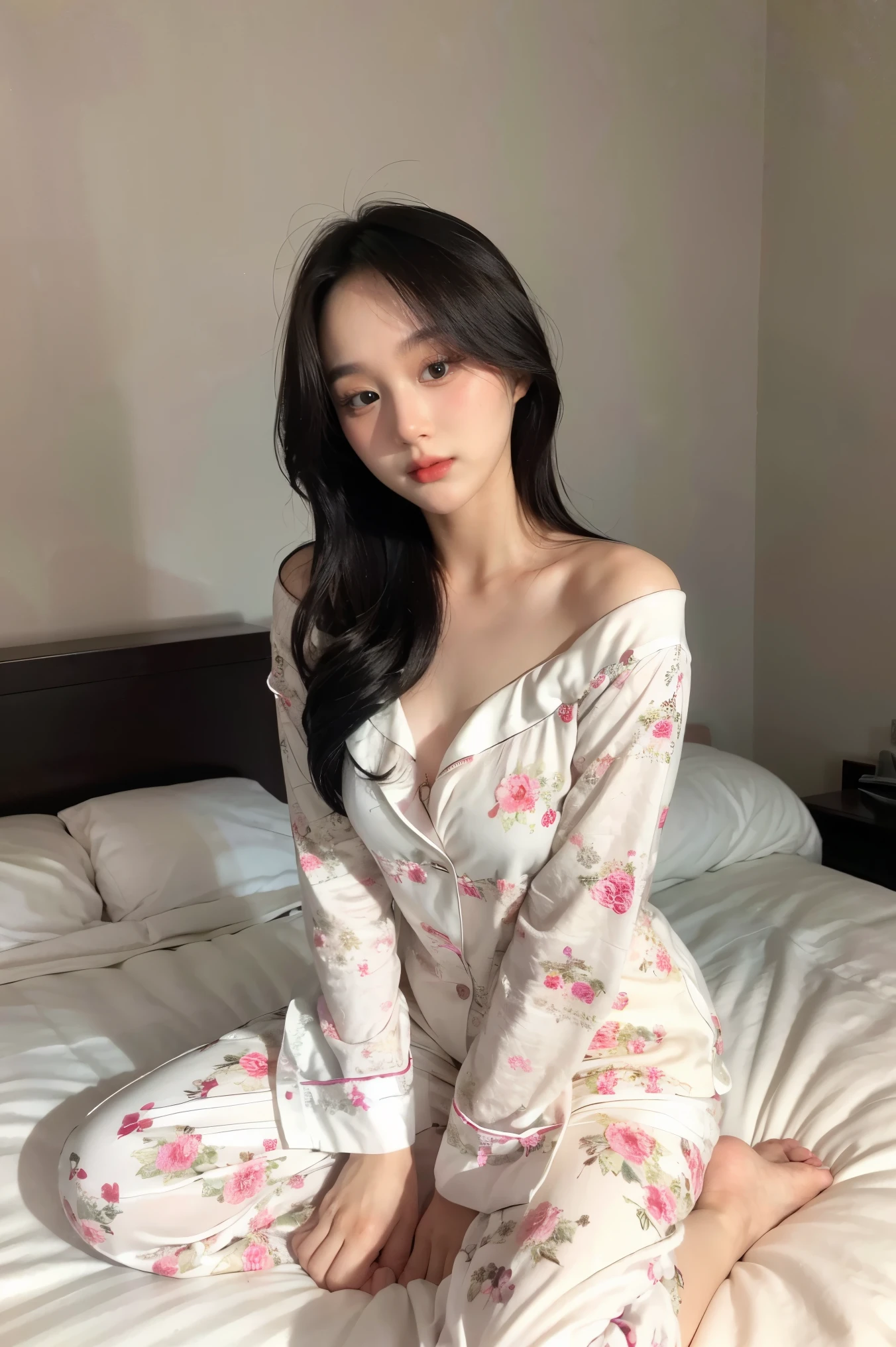 There is a woman sitting on a bed wearing white floral pajamas, a beautiful dark-haired woman, with attractive features, beautiful woman, posing in bed, posing in a room