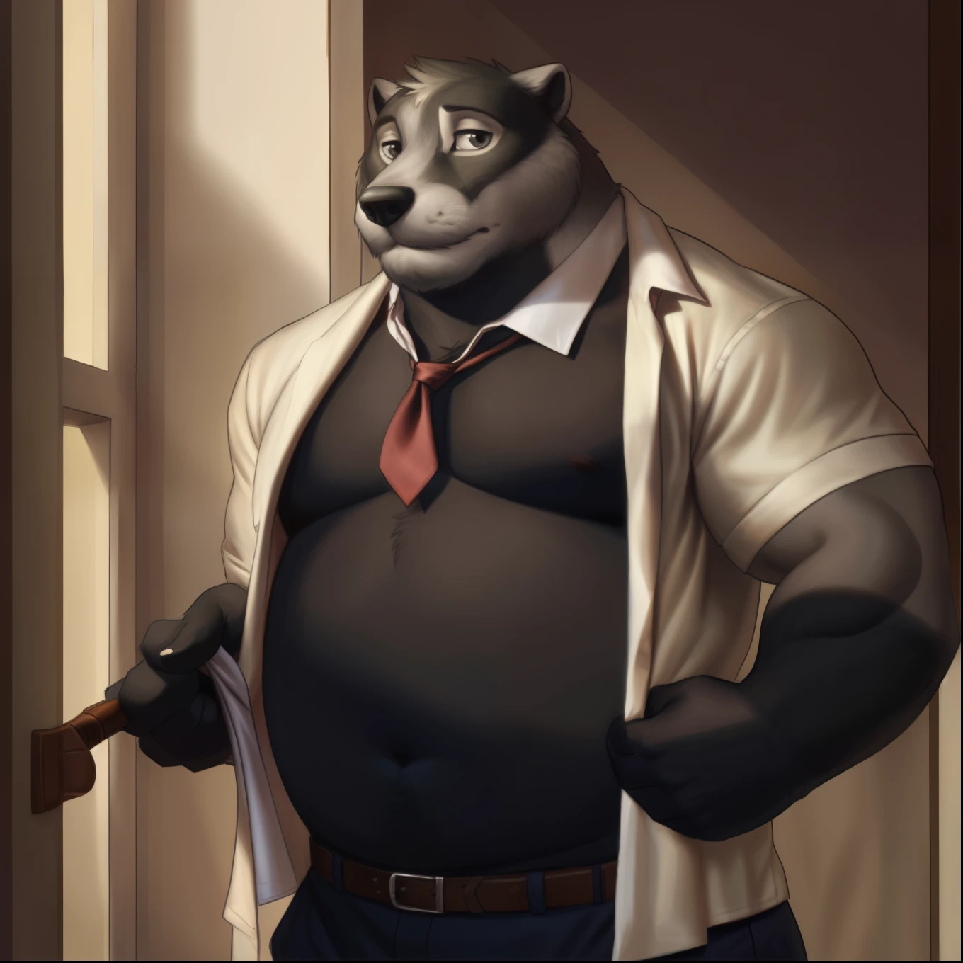 Nikolay Krol, Alone, only, chubby, belly, Fat, black fur, (Pose:1.osing:1.3), ( soft shading ), 4K, nothing there, ((detailed face, (detailed eyes:1.0), detailed)), (Full body), by zackarry911, by Zaush, (by Personalami:0.5),  looks at the viewer,  short hair , Shirt, ***ung, navel,  male focus , open clothing, necktie, collared Shirt, belt, Hose, Stomach, open Shirt, formal, undressing,  bare chest muscles  , loose necktie, Salary earners, Tie removed