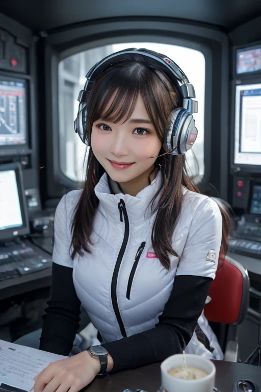 masterpiece, Best Quality,  very detailed,  8K Portrait ,Japanese Android Girl, plump ,  control panel ,Robotic arms and legs,  short bang ,,break (Metallic Gray, Metallic luster, Milonish, Astro Best):5, headphones:5,break ( black sleeve):100,Smart Watches, futuristic space station ,Control Room,break  headphones, blue eyes,( Black Hair ):2,(Long Hair):1.3, Watch Viewers ,(Artificial respirator),break blush:3,Hidden Hand,smile