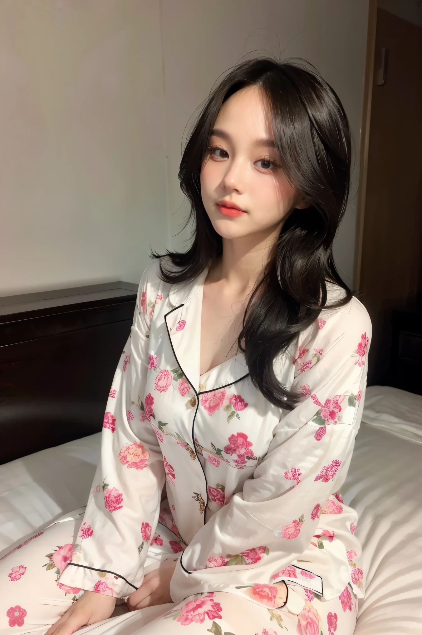 There is a woman sitting on a bed wearing white floral pajamas, a beautiful dark-haired woman, with attractive features, beautiful woman, posing in bed, posing in a room