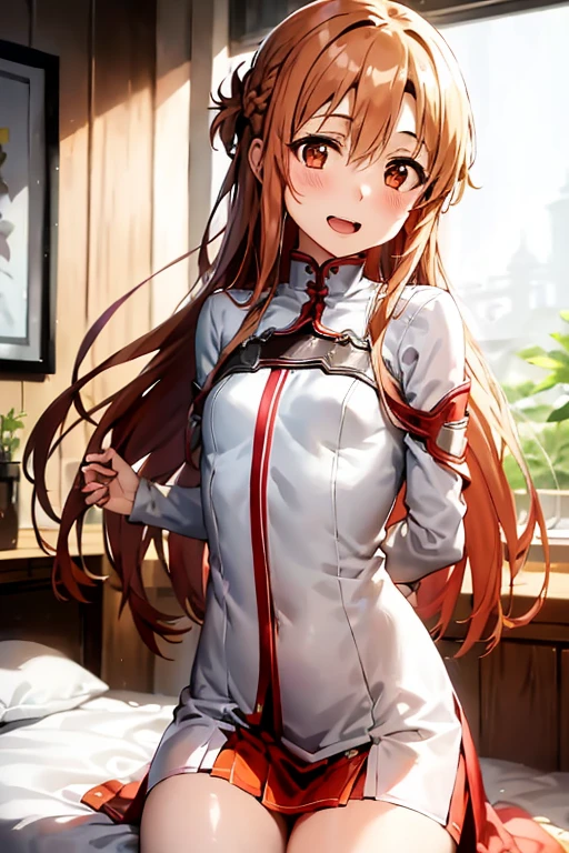 ((Best Quality)), ((masterpiece)), (be familiar with),  perfect face, indoor, bedroom,  watching viewers,
One woman, Yuuki Asuna,
 characters with open mouth ,  ecstatic expression , blush, smile,
Small breasts,  flat chest, , ,  kids, Girl,
Long Hair,  long hair ,
Leg spread,