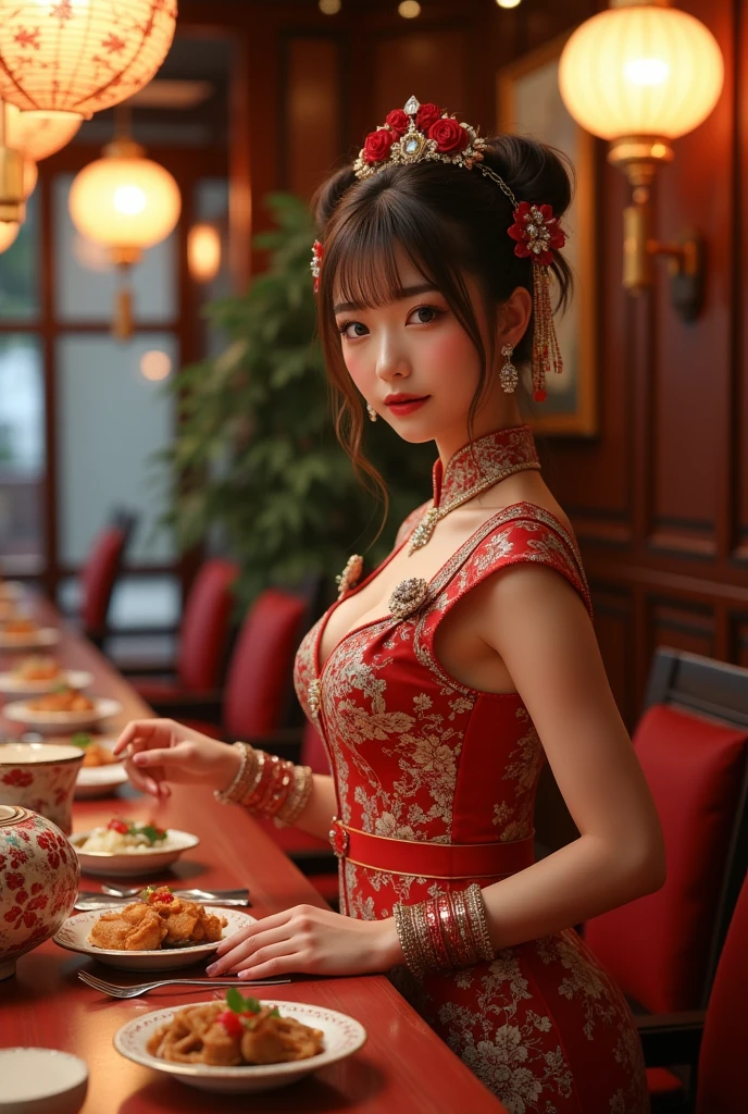 Ultra-realistic,  photorealistic,  dramatic scene , shadow, Global Illumination, Alone, (Teenage Japanese famous idol girl:1.5),  so beautiful日本人の***,  so beautiful、 very cute face, ( very big breasts),  slim waist, Double Buns, ( she's a waitress at a very upscale Chinese restaurant ), ( She wears an elaborate Chinese style dress with jewels and accessories ),  A beautiful Chinese table is lined with gorgeous Chinese food ,  luxury chairs and antique furniture ,  professional writing , She has a custom seat 、 she takes orders wearing an intricate Chinese dress with jewels and accessories ,