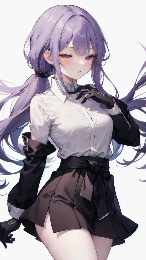  Kyoko Kirigi stands alone against a simple white background 。 Her long purple hair is tied in a ponytail ， with braids on the sides 。 she wears a collared dress shirt 、 black gloves and miniskirt 。 Her medium sized breasts stand out under the tight fabric。 her eyes are closed ，Her mouth is also closed 。A black belt is tied around the waist， She is holding a black jacket that has been taken off in one hand ，The arm is slightly raised， like reaching for something 。