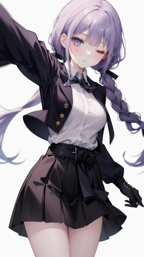  Kyoko Kirigi stands alone against a simple white background 。 Her long purple hair is tied in a ponytail ， with braids on the sides 。 she wears a collared dress shirt 、 black gloves and miniskirt 。 Her medium sized breasts stand out under the tight fabric。 her eyes are closed ，Her mouth is also closed 。A black belt is tied around the waist， She is holding a black jacket that has been taken off in one hand ，The arm is slightly raised， like reaching for something 。